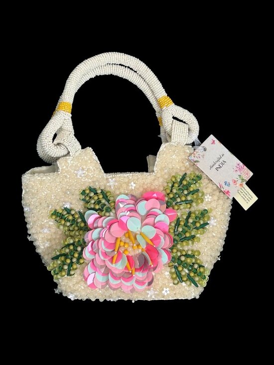 Handbags - Beaded Bag Large 3D Sequin Flower Top Handle Made in India New Release NWT